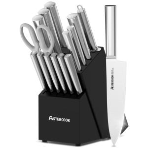 Conjunto de Facas em Aço Inoxidável com Bloco de Bancada, 15 Peças, Astercook, Prata