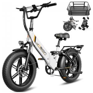 Bicicleta elétrica dobrável Jasion X-Hunter ST branca com cesto traseiro pneus 20x4 motor 750W pico 1400W bateria 48V 13Ah 70 km 110V