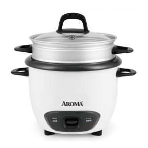 Panela de Arroz e Vaporizador Aroma Housewares 6 Xícaras (cozido) / 3 Xícaras (cru), Estilo Panela, Branco, com Capacidade de 1,8L.