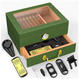 Umidor TRBIHCX Verde-Esmeralda com Cedro Espanhol Tampa de Vidro e Gaveta para 20 a 50 Charutos