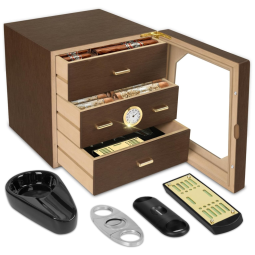 Umidor para Charutos, Caixa Grande de Cedro com Umidificador, Armazena 50 Charutos, Higrômetro de Precisão, Acabamento em Nogueira,TRBIHCX