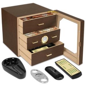 Umidor para Charutos, Caixa Grande de Cedro com Umidificador, Armazena 50 Charutos, Higrômetro de Precisão, Acabamento em Nogueira,TRBIHCX