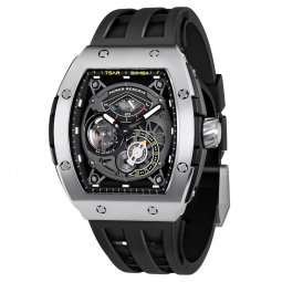 Relógio Automático Mecânico TSAR BOMBA Preto Mostrador Esqueleto Grande Ponteiro Luminoso Cristal Safira Sintética Correa FKM TB8210SIBLA ​