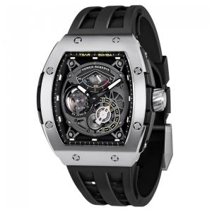 Relógio Automático Mecânico TSAR BOMBA Preto Mostrador Esqueleto Grande Ponteiro Luminoso Cristal Safira Sintética Correa FKM TB8210SIBLA ​