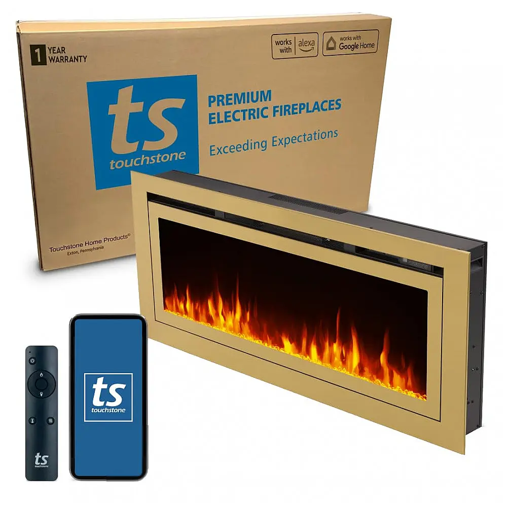 Lareira Elétrica de Embutir A54x127L com Controle por APP e Chamas Multicoloridas, 110V 1500W, Touchstone 86275, Dourada