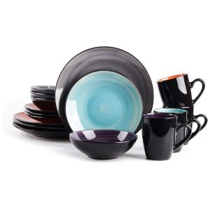 Aparelho de Jantar Stoneware Sonoma 16 peças, Preto com Efeito de Salpicos em Cores Cinza, Laranja, Roxo e Turquesa,HomeVss