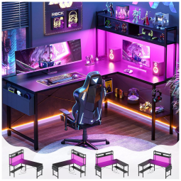 Mesa gamer em formato L Aheaplus 150 cm preto com luzes LED, tomadas elétricas, prateleiras reversíveis e bolsa de armazenamento