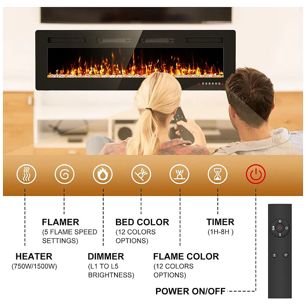 Lareira Elétrica Ultra Fina BREEZEHEAT 127 cm, Montada na Parede, com Controle Remoto, Tela Touch, Aquecedor 1500W e Timer.Eueiriup — foto 2