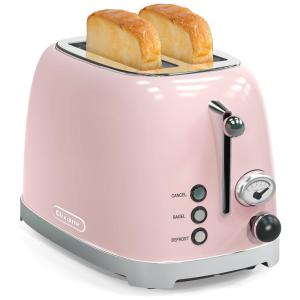Torradeira Elétrica Retrô 2 Fatias em Aço Inoxidável com Slots Largos e 6 Níveis de Tostagem, 850W, Clixane, Rosa