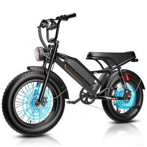 Bicicleta elétrica Jasion YR20 preta obsidian pneus 20x4 motor 1000W nominal 3000W pico bateria 48V 20Ah 960Wh suspensão dupla 7 marchas