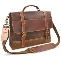 Bolsa Maleta Couro de Cavalo Unissex para Laptop, NEWHEY, Marrom