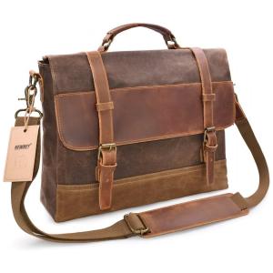 Bolsa Maleta Couro de Cavalo Unissex para Laptop, NEWHEY, Marrom