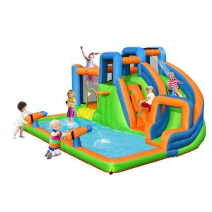 Parque Aquático Inflável 7 em 1, até 150 kg com Parede de Escalada, Escorregador e 2 Canhões de Água, BOUNTECH, Colorido