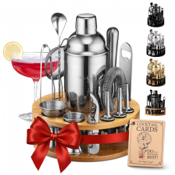 Kit Bn Profissional Mixology Craft 15 Peças em Aço Inoxidável com Suporte de Madeira, Cor Prata