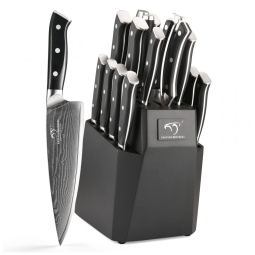 Conjunto de Facas em Aço Damasco VG10 com Bloco de Bancada e Cabo Ergonômico, 18 Peças, NANFANG BROTHERS, Preto
