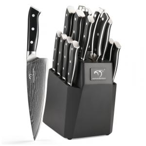 Conjunto de Facas em Aço Damasco VG10 com Bloco de Bancada e Cabo Ergonômico, 18 Peças, NANFANG BROTHERS, Preto