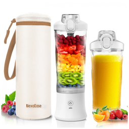 Liquidificador portátil pessoal NexaEase branco com estojo bege, 600 ml, 150W, 6 lâminas, USB-C recarregável, 110V
