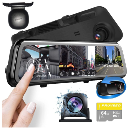 Câmera Veicular Frontal Retrovisor 1080P com Visão Noturna e Assistente de Estacionamento, PRUVEEO, Preto