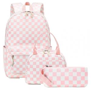 Mochila escolar Bluboon juvenil feminina xadrez rosa e branco, conjunto 3 peças com lancheira térmica e estojo, para notebook 35,5 cm