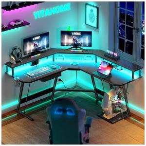 Mesa Gamer de Fibra de Carbono em Formato de L com Luz LED, Suporte para Monitor, Porta-Copos, Tomadas e Gaveta, 110V, YITAHOME