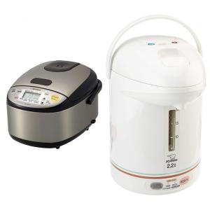 Panela de Arroz Zojirushi NS-LGC05XB Micom e Aquecedor, 3 xícaras (cruas), Aço Inox Preto e CW-PZC22FC Super Boiler Micom 2,2L, Floral, 2