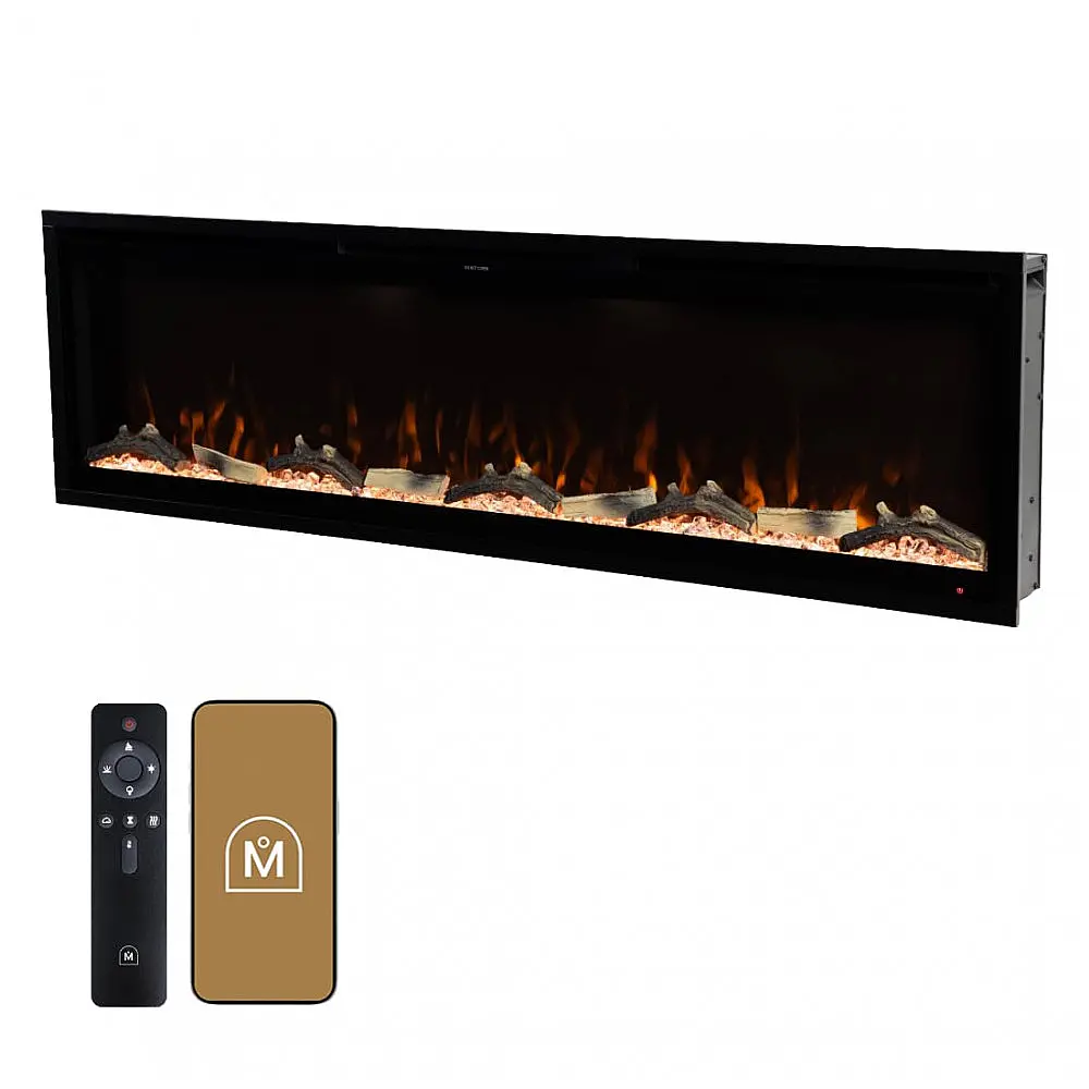 Lareira Elétrica de Embutir A44x152L com Controle por APP e Chamas Multicoloridas, 110V 1500W, Modern Ember, Preta