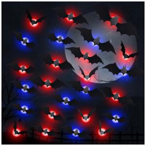 Kit Decoração Interna para Halloween 36 Morcegos com Adesivos LED, 4 Tamanhos, Ickimee