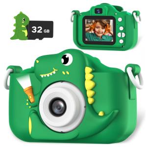 Câmera infantil dinossauro para meninos de 3 a 12 anos, 12MP, vídeo HD 1080p, bateria recarregável, cartão SD 32GB, cordão portátil
