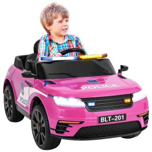 Carro Elétrico Policial 12V Recarregável para Crianças 1 Assento até 29 kg, Idade Recomendada 3, BAHOM, Rosa