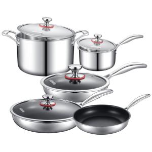 Conjunto de panelas e Frigideiras de Aço Inoxidável com 3 Camadas de Revestimento de 9 Peças, STAMBE, Prateado