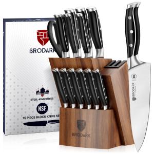 Conjunto de Facas BRODARK em Aço Inoxidável com Bloco de Bancada Multinível e Afiador Embutido, 15 Peças, Preta