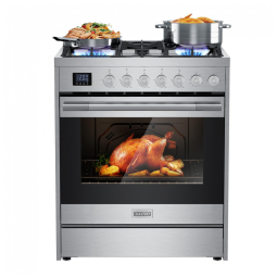 Fogão a gás profissional 76cm Empava inox convecção 5 queimadores profundos grelhas contínuas 142L 110V