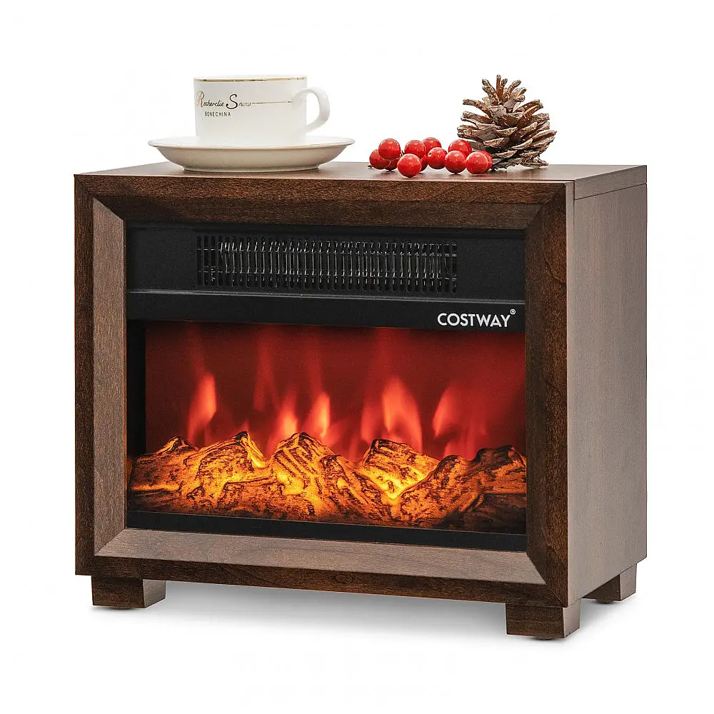 Mini Lareira Elétrica Portátil com Efeito de Chamas Realistas, Aquece e Decora, 110V 750W, Costway, Marrom