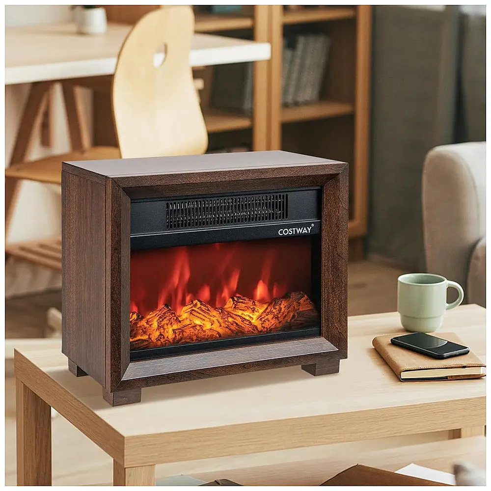 Mini Lareira Elétrica Portátil com Efeito de Chamas Realistas, Aquece e Decora, 110V 750W, Costway, Marrom — foto 2