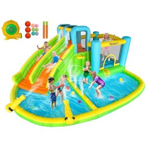 Parque Aquático Inflável até 200 kg com Parede de Escalada, Pistola de Água e Escorregador Duplo para Crianças Acima de 3 Anos, FBSPORT