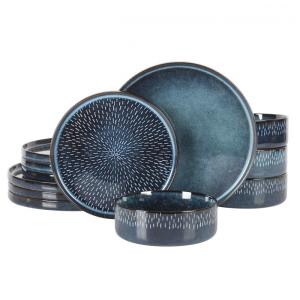 Conjunto de Pratos e Tigelas Gibson Elite Matisse Moderna em Pedra Reativa Azul Cobalto - 12 Peças