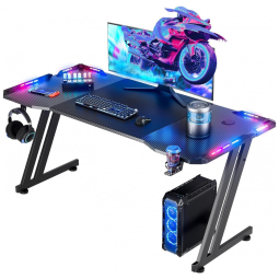 Mesa Gamer Ergonômica 47" 119 cm com Superfície de Fibra de Carbono, Gancho para Fone de Ouvido, Luz LED e Porta-Copos, 110V, HLDIRECT