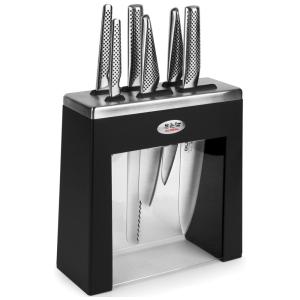 Conjunto de Facas em Aço Inoxidável com Bloco de Bancada, 7 Peças, GLOBAL, Preto