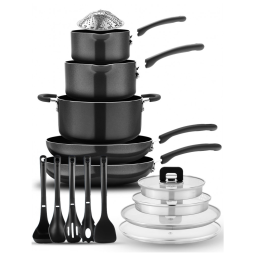 Jogo de Panelas Antiaderentes com Botão Dobrável e Economia de Espaço, 17 Peças, NutriChef, Preto