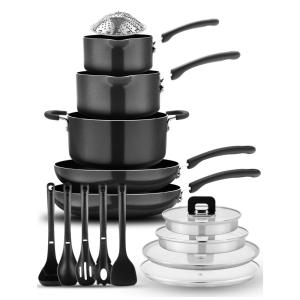 Jogo de Panelas Antiaderentes com Botão Dobrável e Economia de Espaço, 17 Peças, NutriChef, Preto