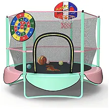 Gardenature Mini Trampolim 1,85m com Cesta de Basquete e Alvo de Dardos – Presente Multifuncional para Crianças, Interno e Externo