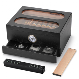 Caixa para Charutos com Controle de Umidade COOL KNIGHT, Higrômetro Frontal e Gavetas - Vidro Temperado, Umidificador Integrado