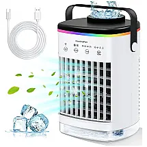 Climatizador Portátil com 4 Velocidades, 7 Luzes Coloridas e Temporizador, LEAEYFE CF001, Branco