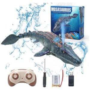 fromeasy Mosasaurus RC: Dinossauro Controle Remoto com Luz e Spray de Água para Piscina e Banho