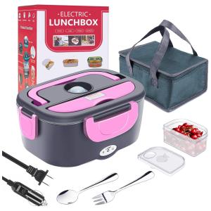 PMALLCITY Marmita Elétrica 3 em 1 Portátil 1.5L com Divisórias, 24, 12V, 110V 40W, Rosa