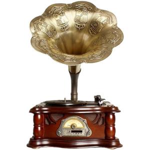 Toca discos retrô, fonógrafo de chifre de mesa retrô estilo vintage toca discos, vinil para gravação de MP3, madeira natural