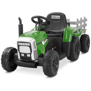Trator Elétrico Infantil com Controle Remoto, Luzes de LED, 3 Marchas e MP3 para Crianças Acima de 3 Anos, 12V, Kidzone, Verde Escuro