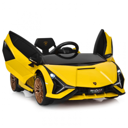 Carro Elétrico Infantil Licenciado Lamborghini SIAN OLAKIDS Preto/Amarelo 12V com Controle Remoto 2 Velocidades, Suspensão e Bluetooth
