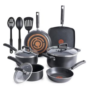 Conjunto de Panelas Antiaderentes e Utensílios, 12 Peças, T FAL 2100096952, Preto