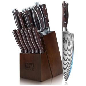 Conjunto de Facas SHAN ZU em Aço Carbono com Bloco de Bancada Multinível, 14 Peças, Preto